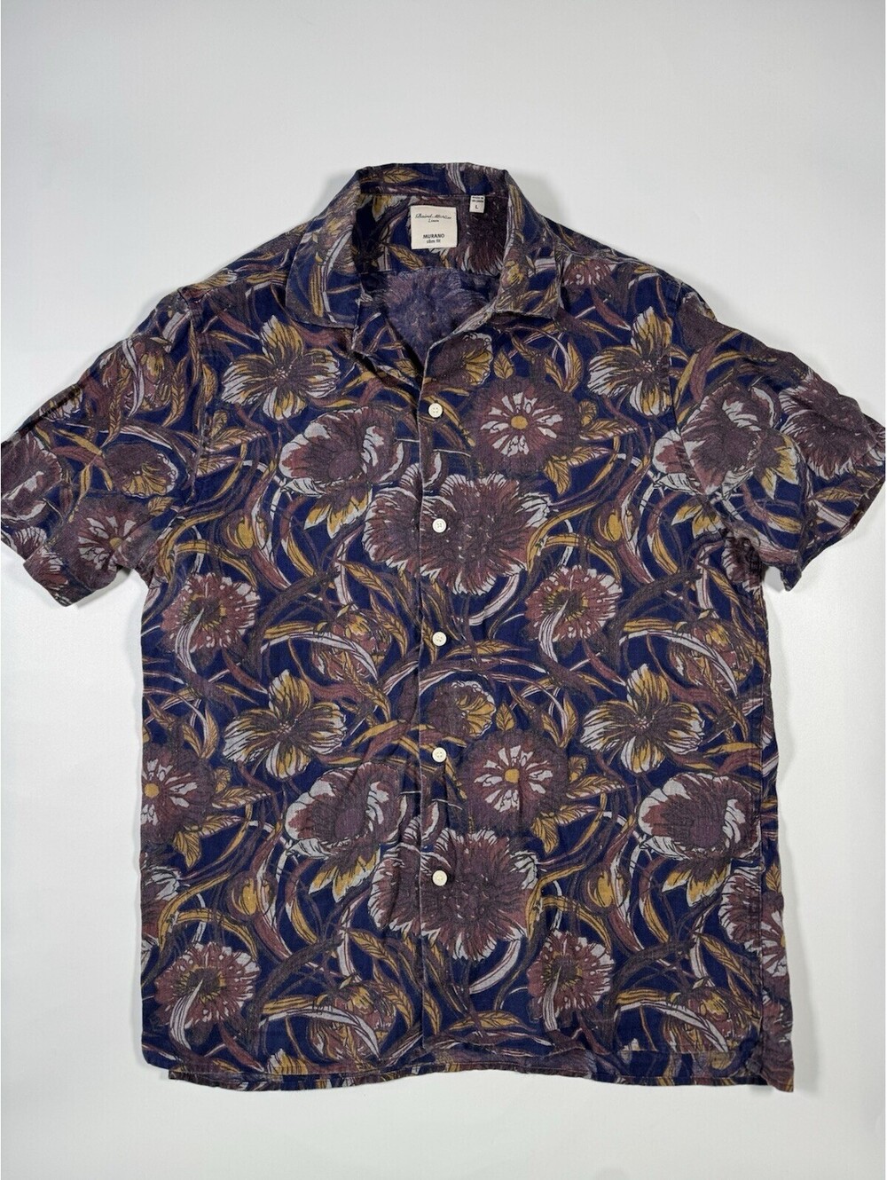 Baird McNutt Mens L 100% Linen Floral Shirt Murano Slim Fit Camp Collar
